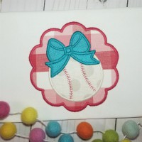 Baseball with Bow Scallop Frame Machine Applique Design